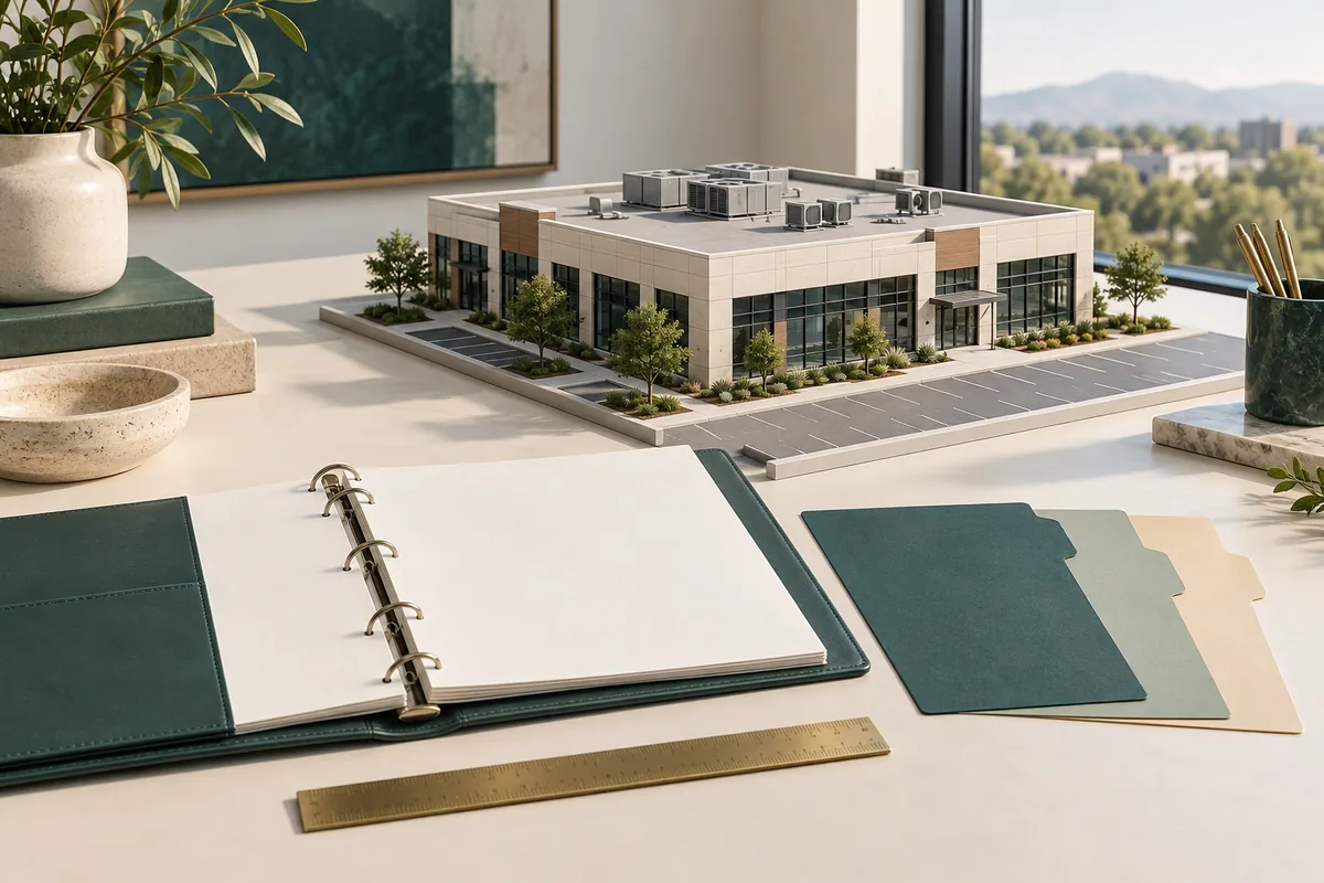 A commercial building model beside a maintenance binder and index dividers.